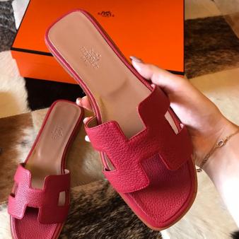 Red Clemence Leather Hermes Oran Slide Sandals