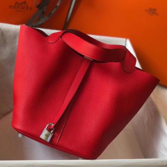 Red Clemence Leather Hermes Picotin Lock 18 Bag