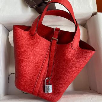 Red Clemence Leather Hermes Picotin Lock 18 Handmade Bag