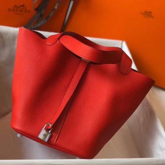 Red Clemence Leather Hermes Picotin Lock 22 Bag