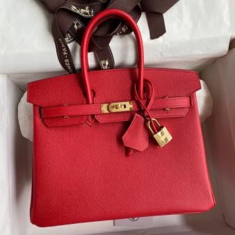 Red Epsom Calfskin Hermes Birkin 25 Handmade Bag