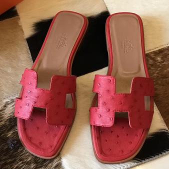 Red Ostrich Leather Hermes Oran Sandals