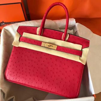 Red Ostrich Skin Hermes Birkin 30 Handmade Bag