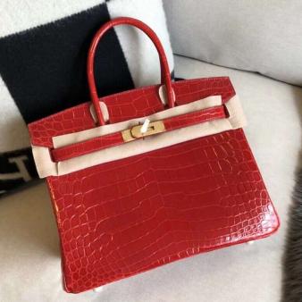 Red Shiny Niloticus Crocodile Hermes Birkin 30 Handmade Bag