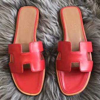 Red Swift Leather Hermes Oran Sandals