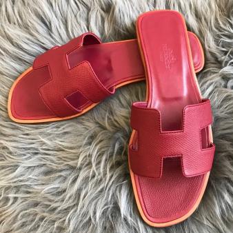 Ruby Epsom Calfskin Hermes Oran Slide Sandals