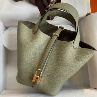 Sauge Clemence Leather Hermes Picotin Lock 18 Handmade Bag