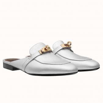 Silver Metallic Calfskin Hermes Oz Mules