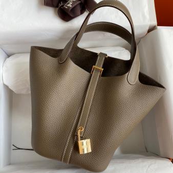 Taupe Clemence Leather Hermes Picotin Lock 18 Handmade Bag