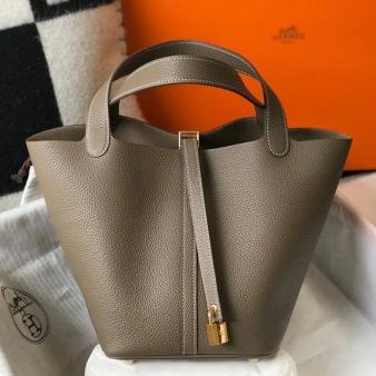 Taupe Clemence Leather Hermes Picotin Lock 22 Bag