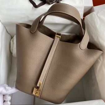 Taupe Clemence Leather Hermes Picotin Lock 22 Handmade Bag