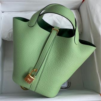 Vert Criquet Clemence Leather Hermes Picotin Lock 18 Handmade Bag