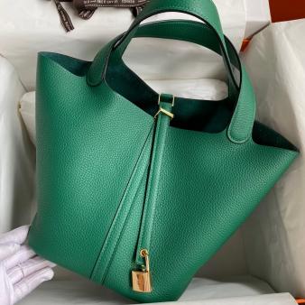 Vert Vertigo Clemence Leather Hermes Picotin Lock 22 Handmade Bag