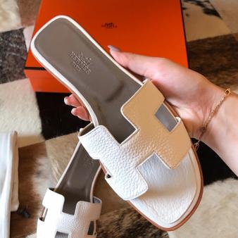 White Clemence Leather Hermes Oran Slide Sandals