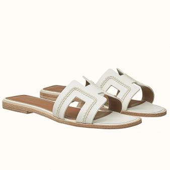 White Leather Hermes Oran Sandals with Stitched Detail