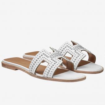 White Leather Hermes Oran Studs Sandals