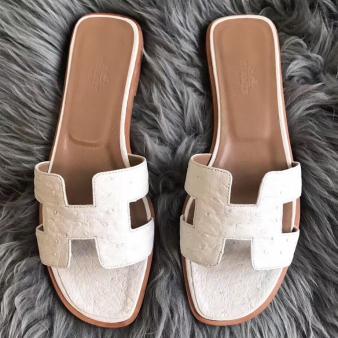 White Ostrich Leather Hermes Oran Sandals