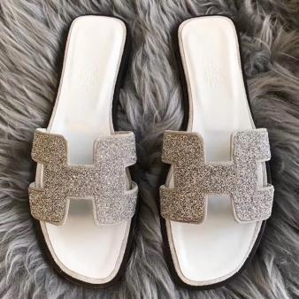 White Suede Hermes Oran Sandals with Crystal