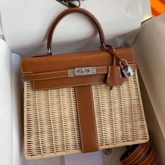 Wicker with Barenia Leather Hermes Picnic Kelly 28cm Bag